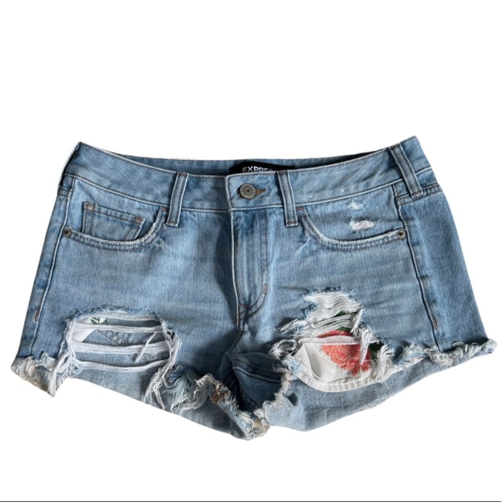 Express Denim Cutoff Shorts with Flower Detail
